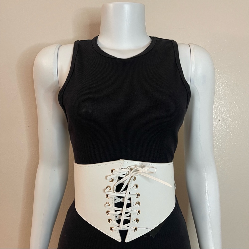 Plus size white PU leather lace up elastic waistband corset belt - Picture 2 of 10